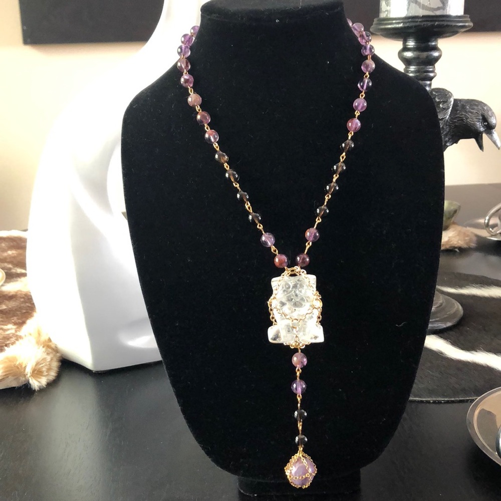 Amethyst, Smokey quartz and quartz owl necklace